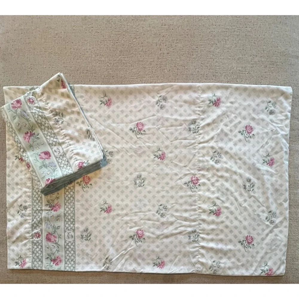 Vintage Cannon King Pillowcase Set Pink Rose Floral Green Trellis Percale USA